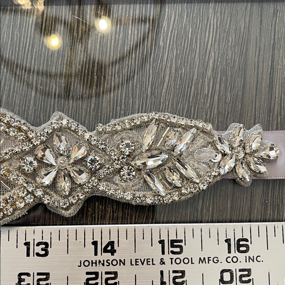 Bridal Dress Belt Silver Rhinestone Crystal with Faux Pearls & Grey Ribbon - Picture 14 of 17